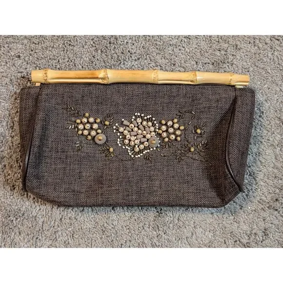 Vintg Boho Beaded Brown Fabric Clutch Bamboo Cane Handles Floral Earthy Hippie - Picture 1 of 6